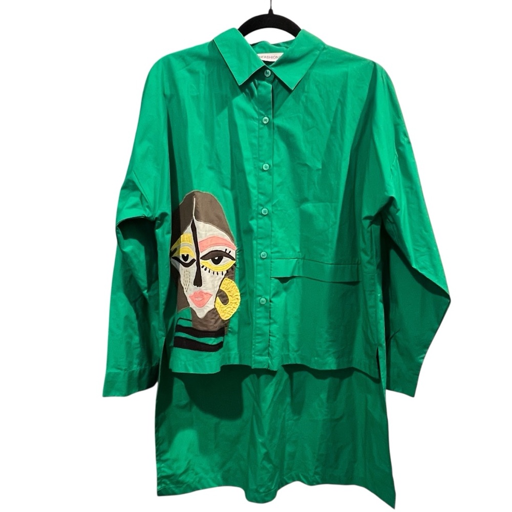Unfashional Japanese Designer Green Button Front Abstract Face Art Oversized